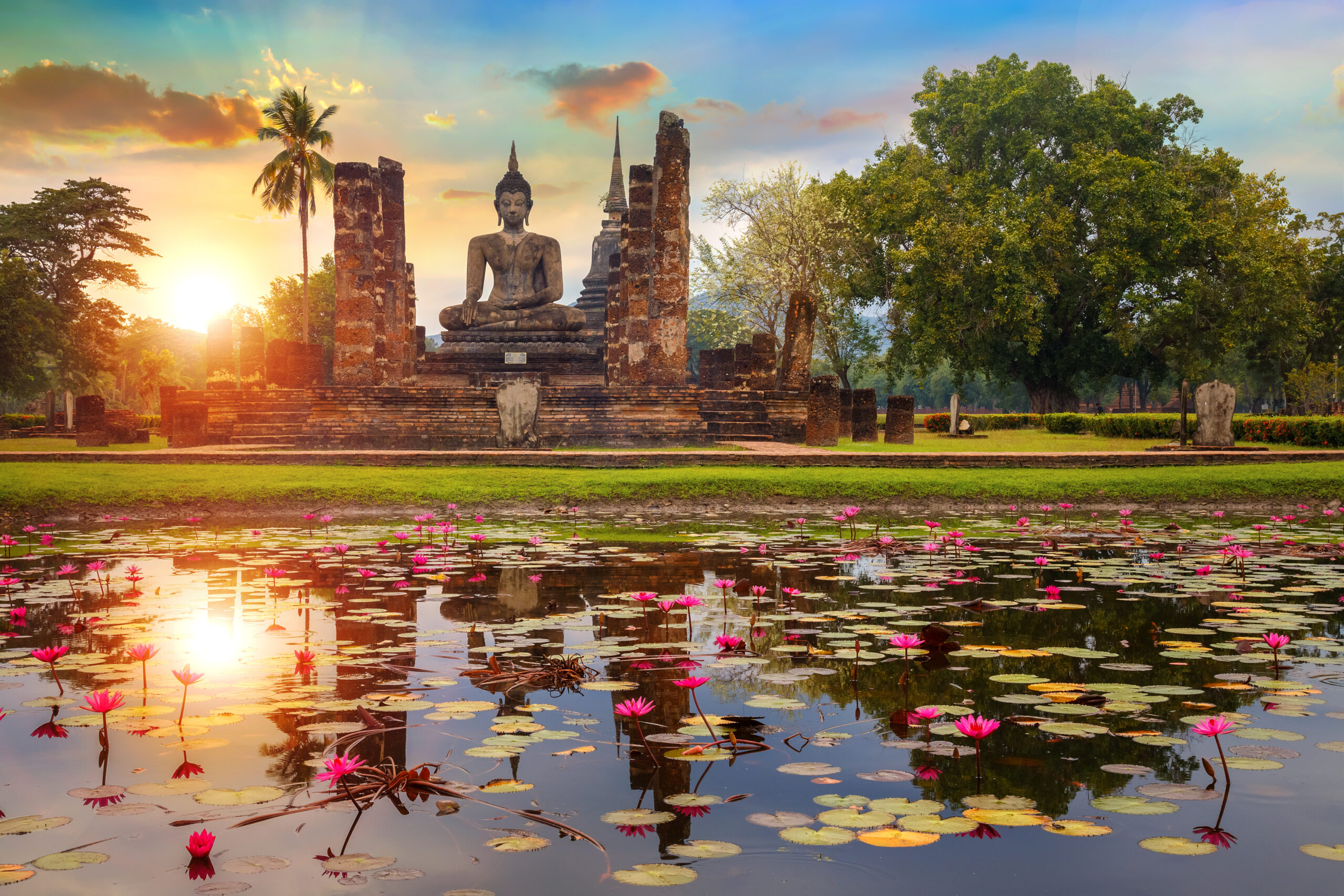 Wat Mahathat Temple in the precinct of Sukhothai Historical Park, a UNESCO World Heritage Site in Thailand